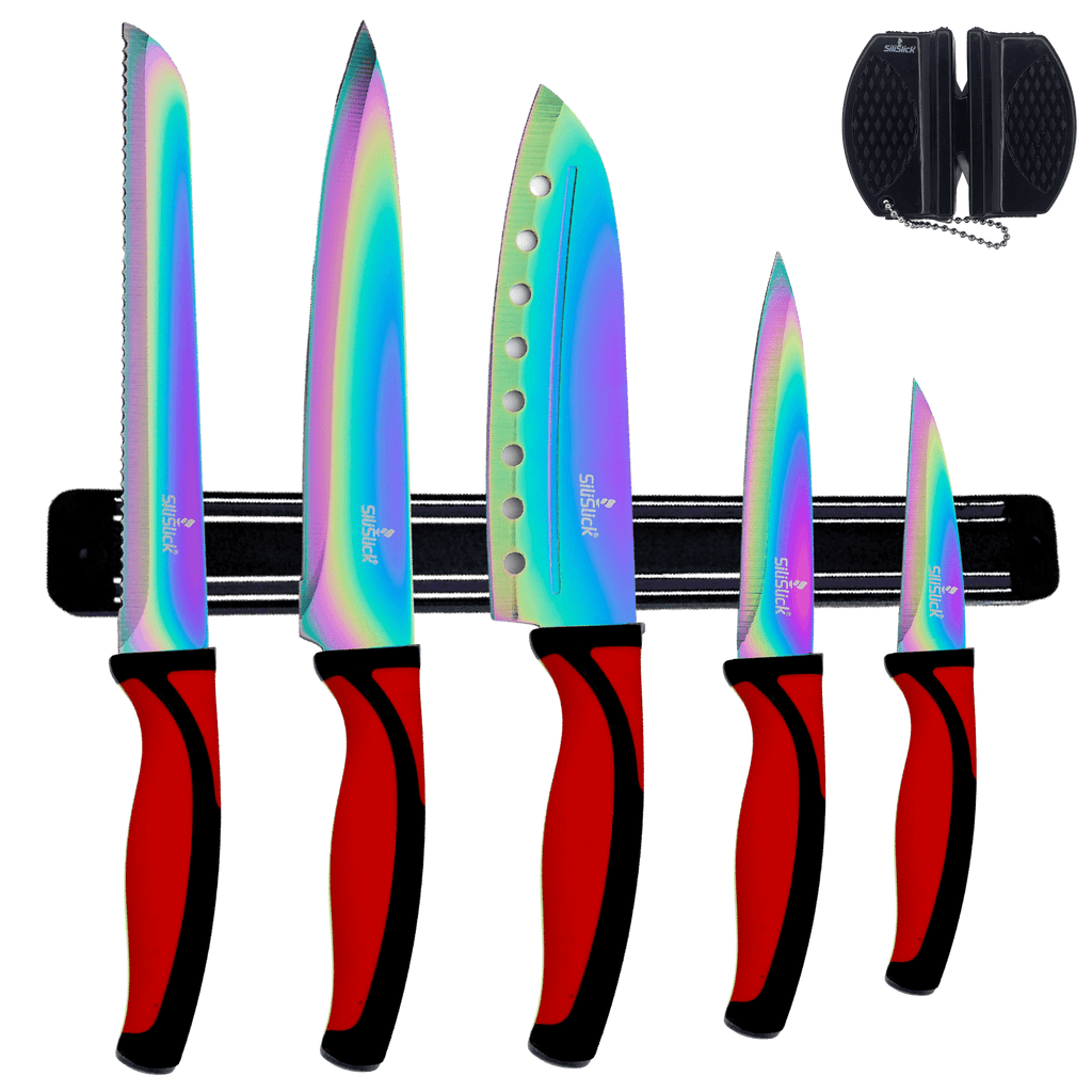 Kitchen Knife Set Kit | Red Handle & Black Magnetic Rack