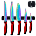 Kitchen Knife Set Kit | Red Handle & Black Magnetic Rack
